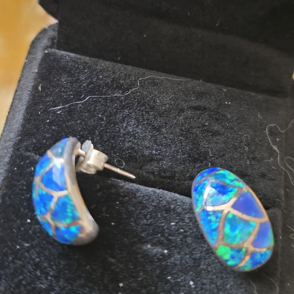 Blue Opal Mosaic Oval Stud Earrings - Set In Sterling Silver - Picture 2 of 2
